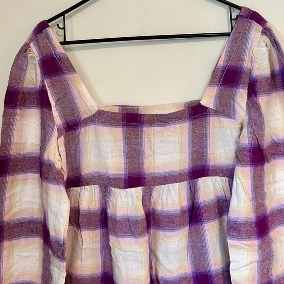 NWT BP by Nordstrom Cream + Purple Plaid Long Sleeve Square Neck Mini Dress - S - Picture 3 of 7